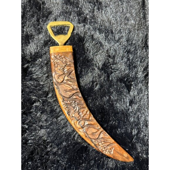 Hand-Carved Wooden Bottle Opener With Brass Handle - Rustic Design